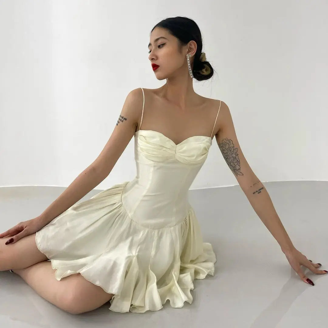 Ivory Spaghetti Strap Sweetheart Ruched Bubble Hem A-Line Mini Dress 3