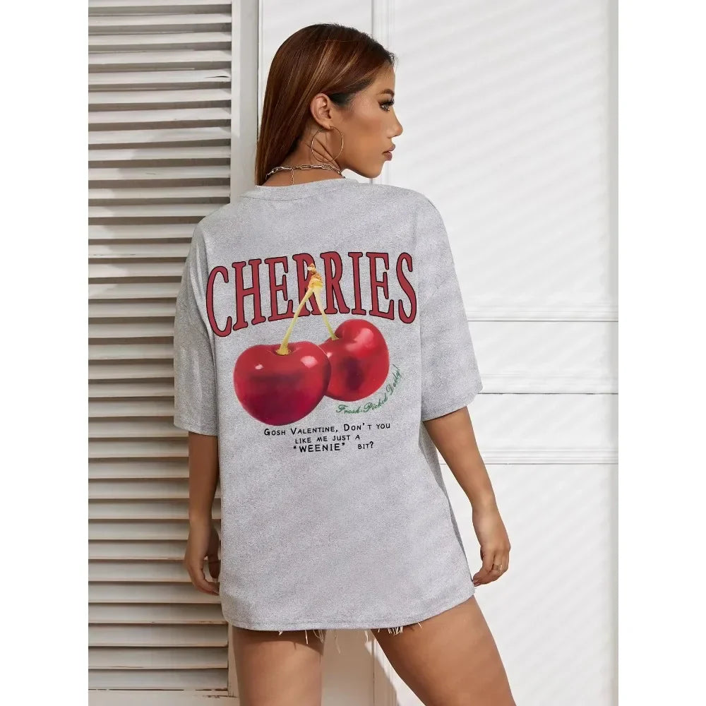 Cherry Print Loose Cotton Tshirt