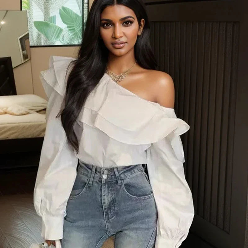 Vintage OffShoulder Ruffled White Blouse