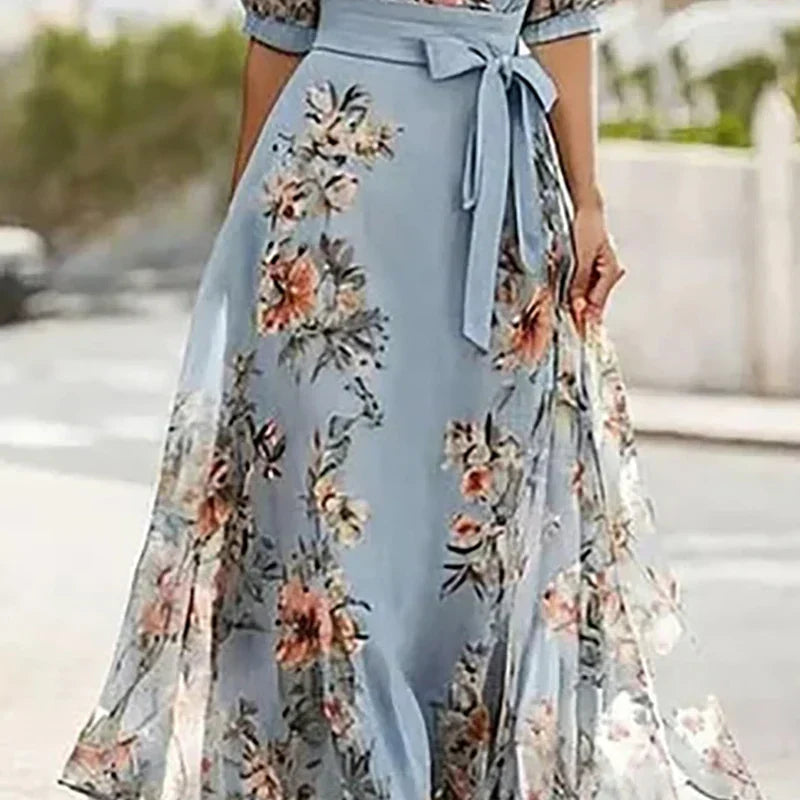 Blue Lapel V-Neck Floral Print Half Sleeve Tie Waist Wrap Maxi Dress 4