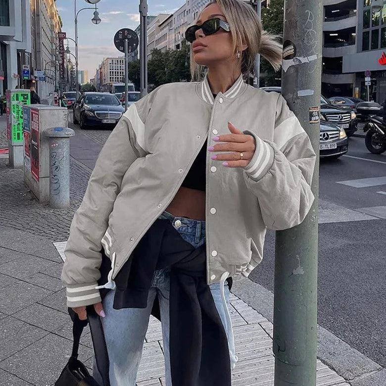 Gray Ribbed Trim Contrast Panel Oversized Varsity Bomber Jacket 5