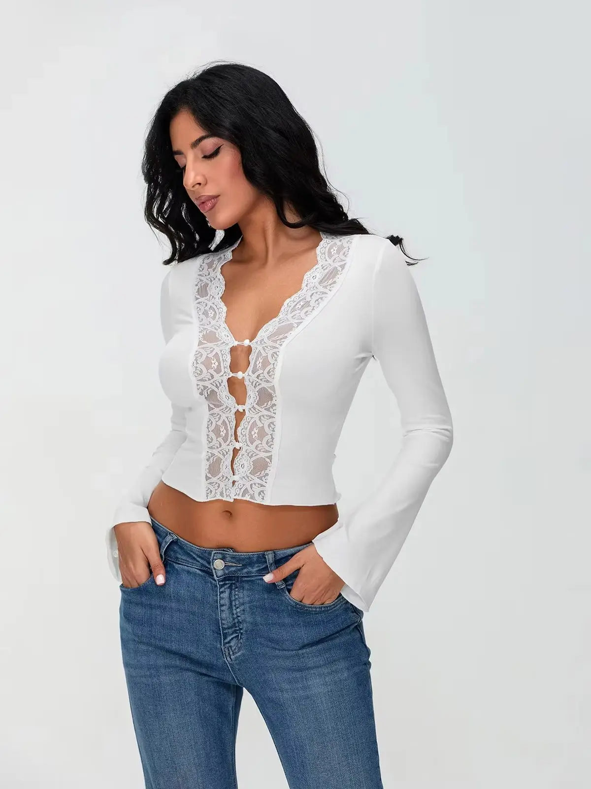 Lace Trim Long Sleeve Vneck Button Blouse