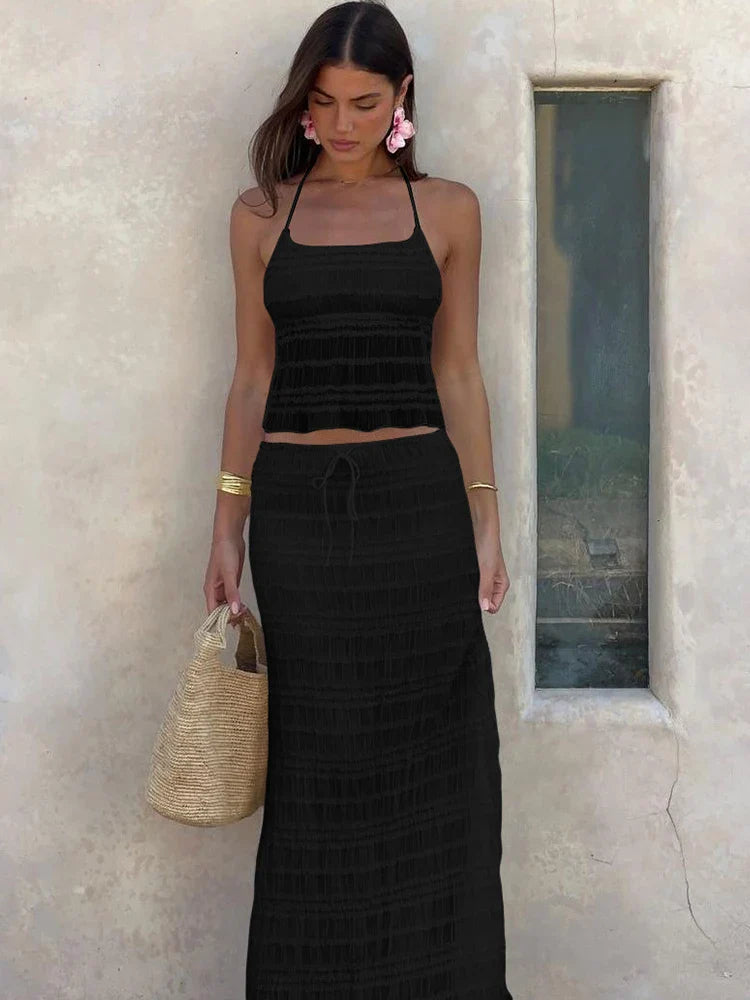 Mesh Sheer LaceUp Backless Black Two Piece Skirt Set
