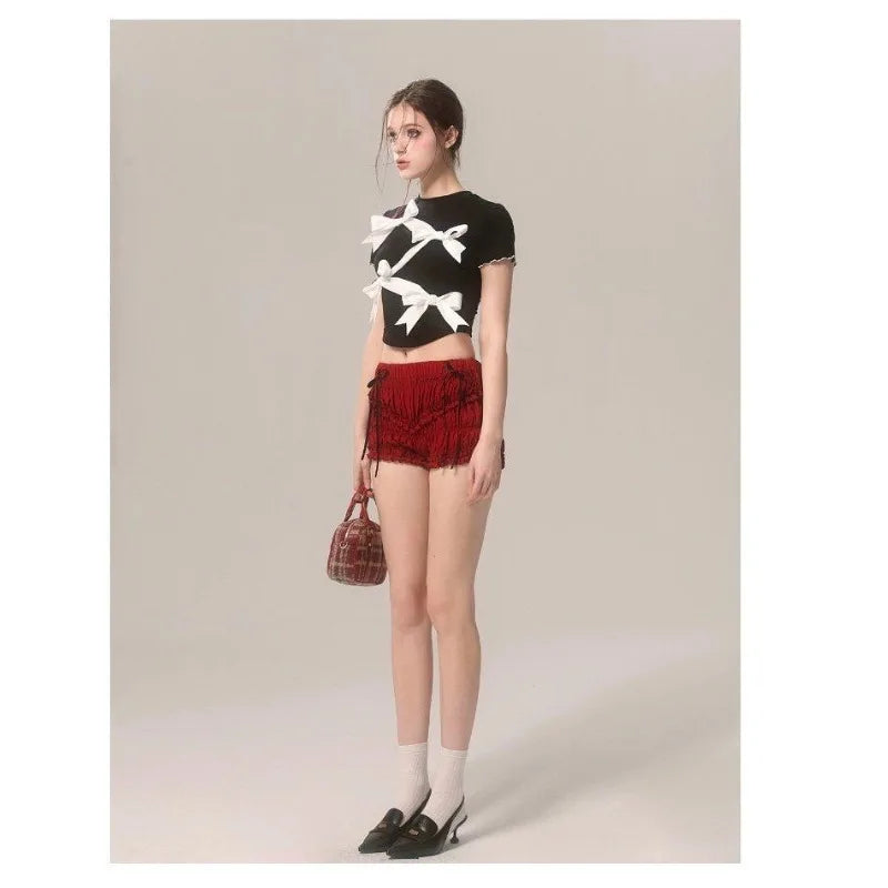 Bow Decoration Black Slim Tshirt
