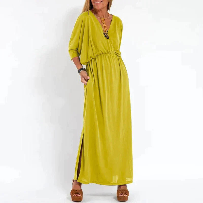 Guadalupe Exclusive Long Vintage Dress with Side Slit and High Waist Hen Chic Silhouette Collection
