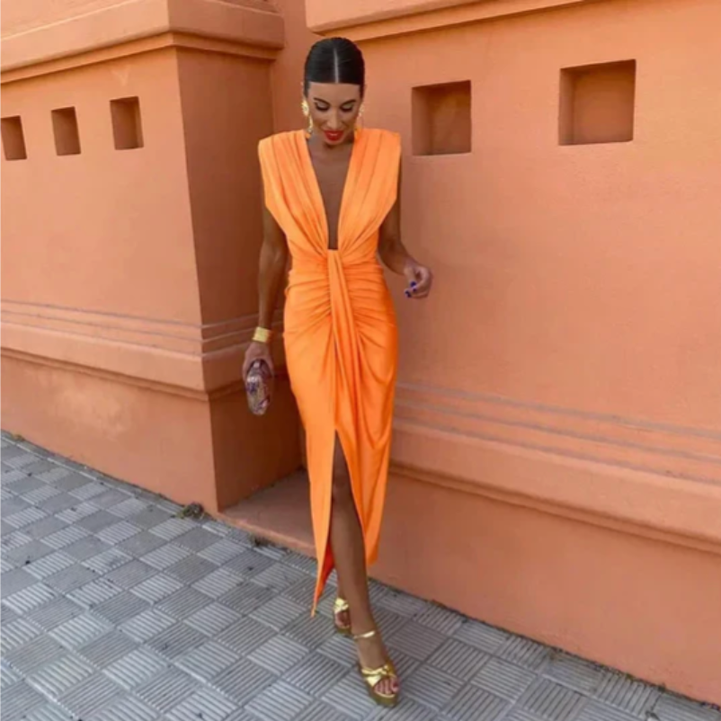 Plunge V-Neck Sleeveless Satin Twist Front Ruched Bodycon Maxi Dress