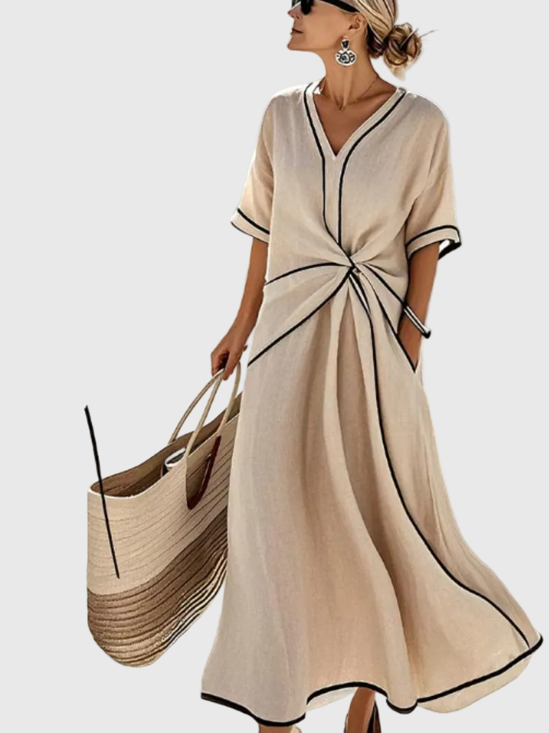 V-Neck Short Sleeve Contrast Trim Twist Front A-Line Midi Dress