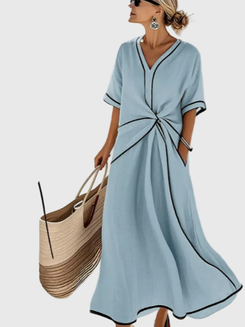 V-Neck Short Sleeve Contrast Trim Twist Front A-Line Midi Dress