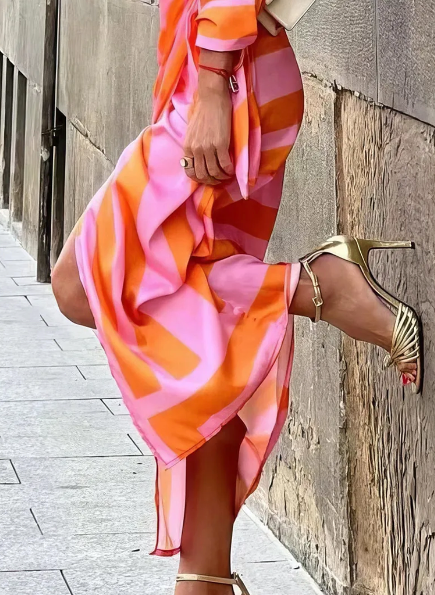 Collared Striped Twist Front Ruched Wrap Maxi Dress