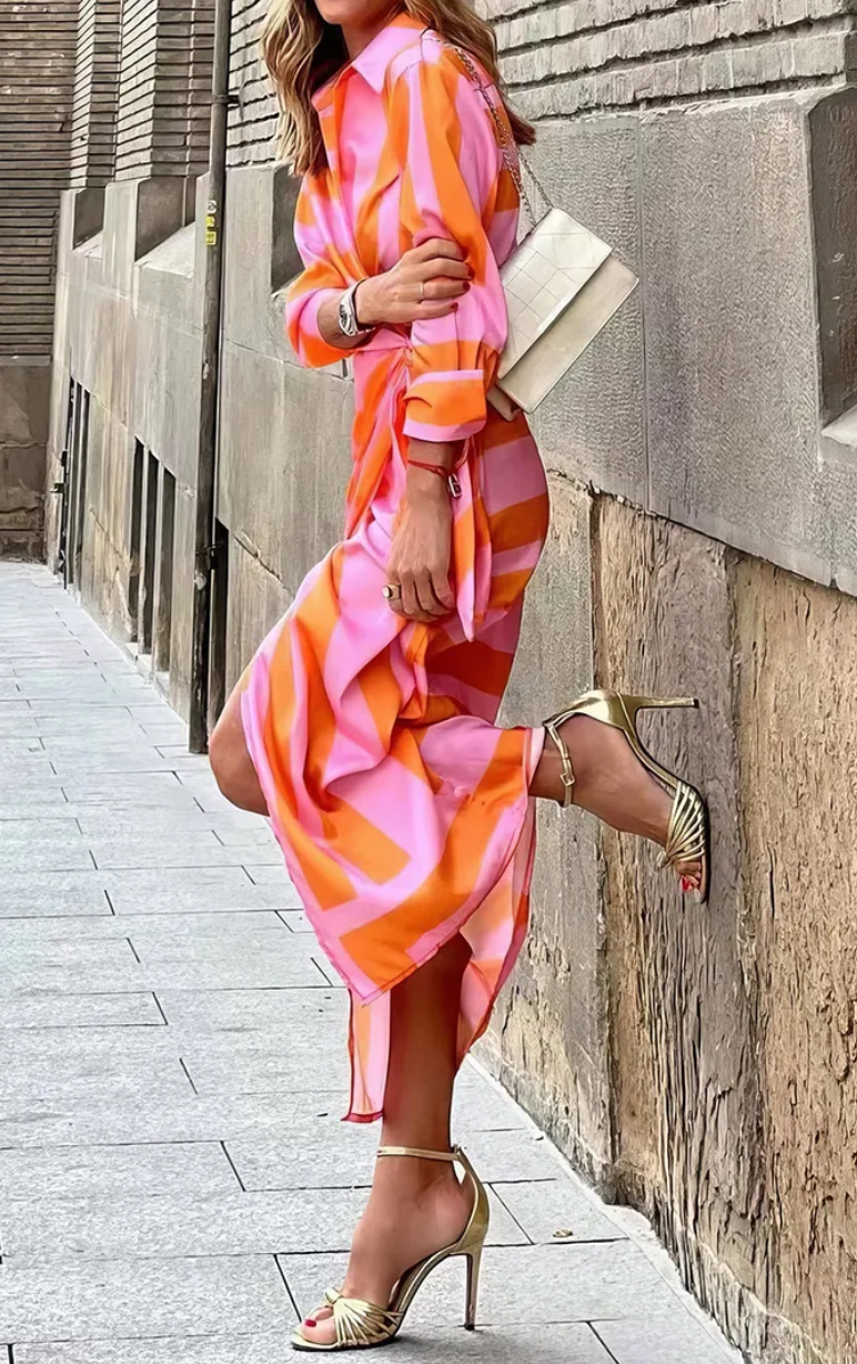 Collared Striped Twist Front Ruched Wrap Maxi Dress