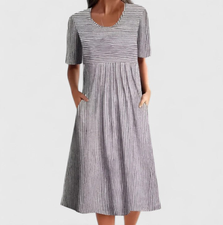 Round Neck Short Sleeve Striped Pocket Empire Waist Midi Dress