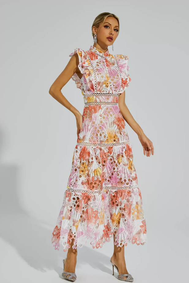Mock Neck Floral Eyelet Ruffle Sleeve Lace Trim Tiered Maxi Dress