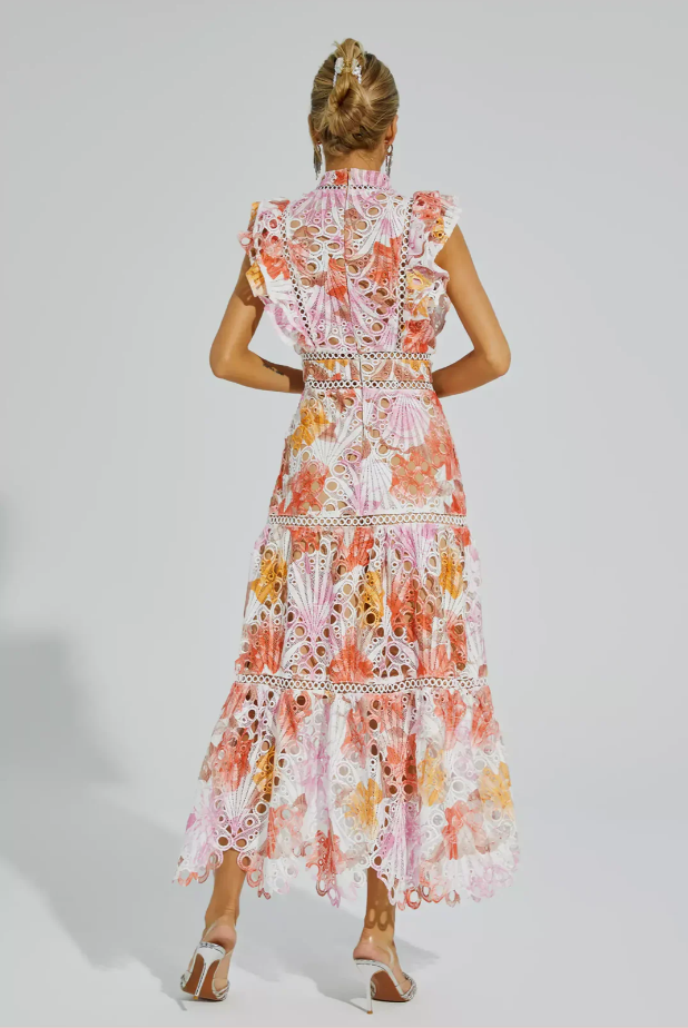 Mock Neck Floral Eyelet Ruffle Sleeve Lace Trim Tiered Maxi Dress