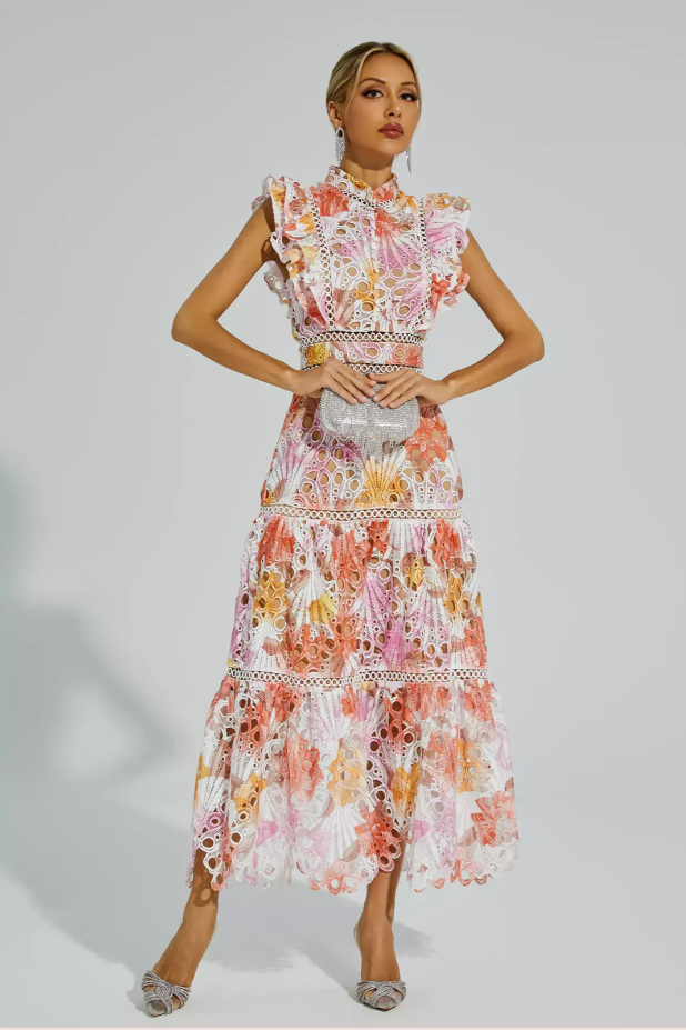 Mock Neck Floral Eyelet Ruffle Sleeve Lace Trim Tiered Maxi Dress