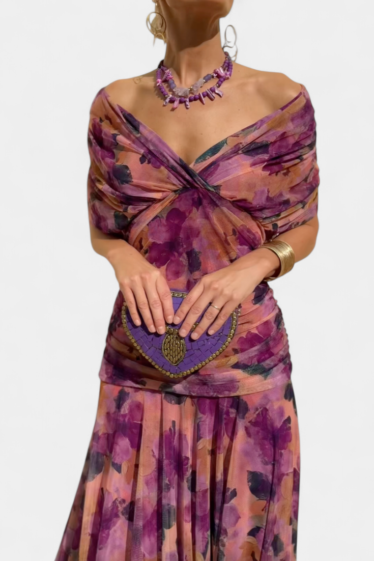 Off-Shoulder Twist Front Ruched Chiffon Flowy Maxi Dress