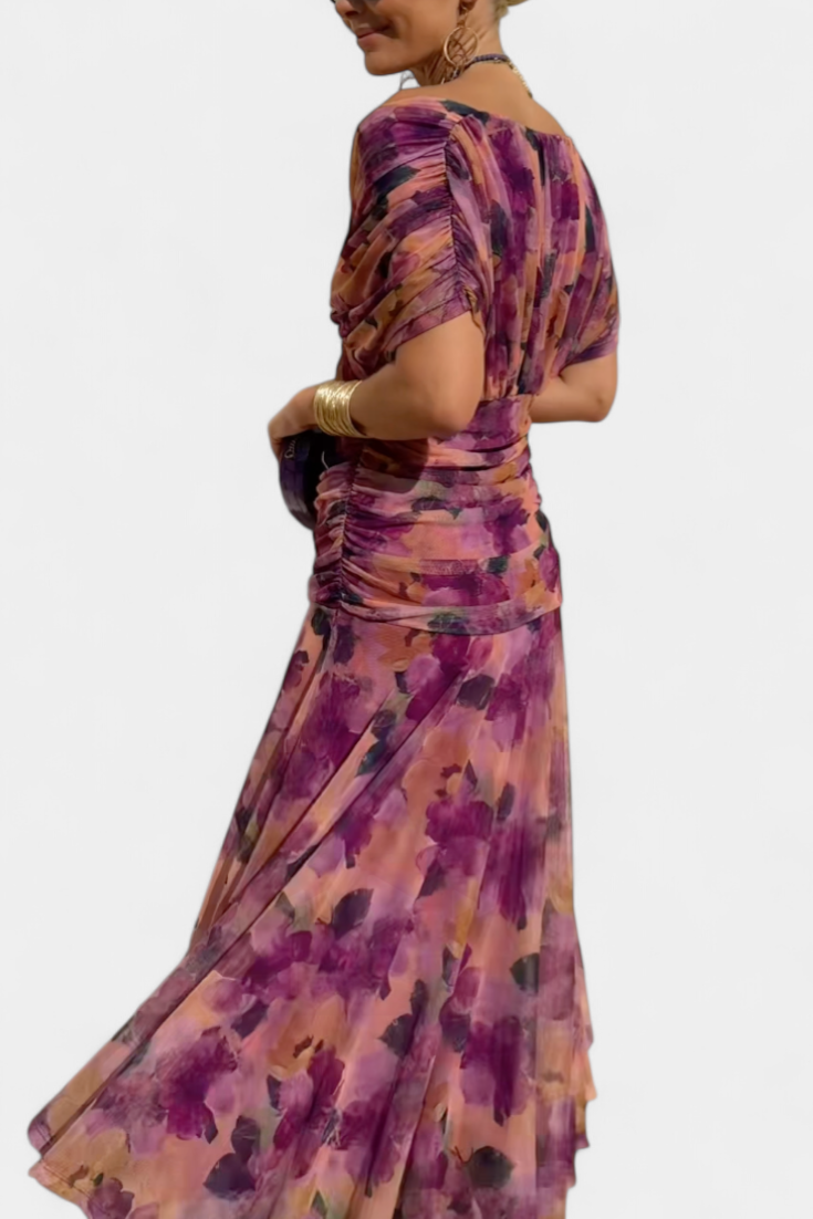 Off-Shoulder Twist Front Ruched Chiffon Flowy Maxi Dress