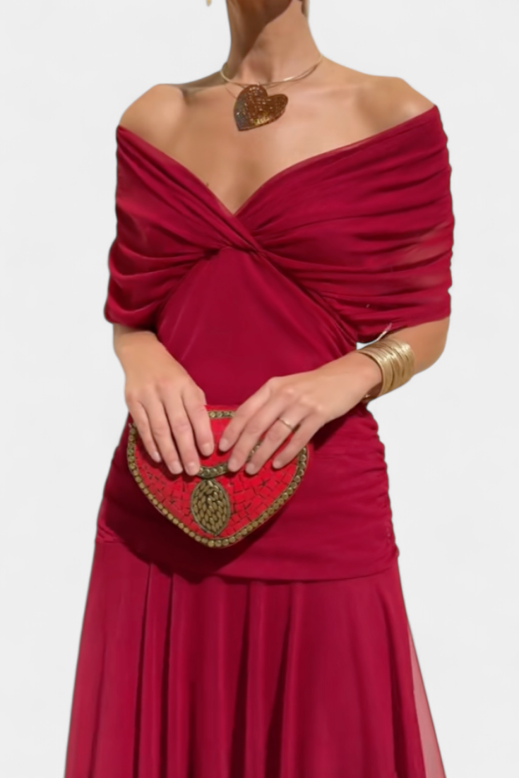 V-Neck Twist Front Draped Sheer Sleeve Ruched Bodycon Maxi Dress