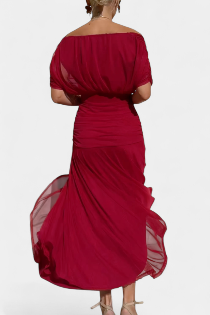 V-Neck Twist Front Draped Sheer Sleeve Ruched Bodycon Maxi Dress