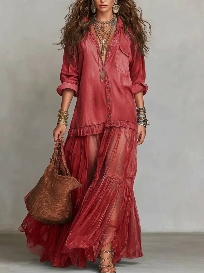 Chambray Shirt Sheer Tiered Ruffle Maxi Skirt Set 2