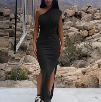 Annalisa Statement Cocktail Dress with Side Slit and One Shoulder Straps Evening Wear Edit