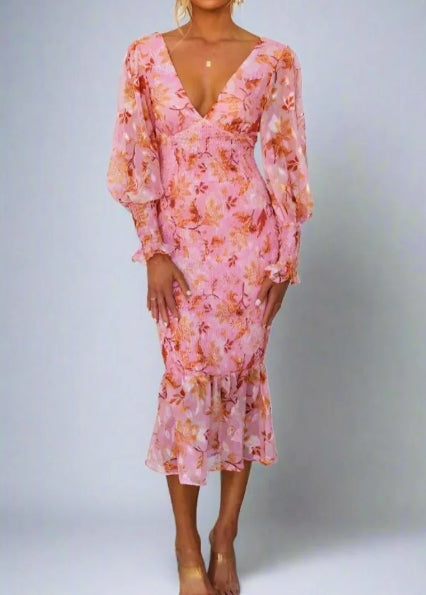 Claudia Minimalist Floral Print Midi Dress Elevated Occasion Wear