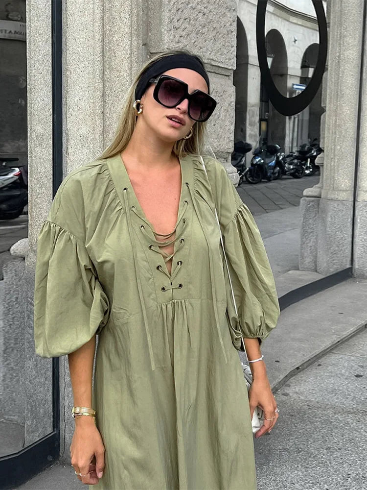Casual Street Lace Up Long Dresses Women Chic Loose V neck Side Slit Solid Dress Female Summer Versatiel Street Party Robes