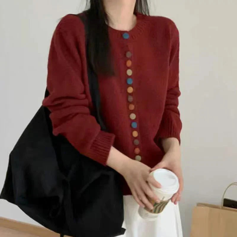 Round Neck Multicolor Button Knit Long Sleeve Cardigan