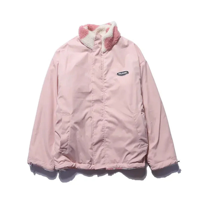 Stand Collar Heart Print Sherpa Fleece Zip Front Jacket