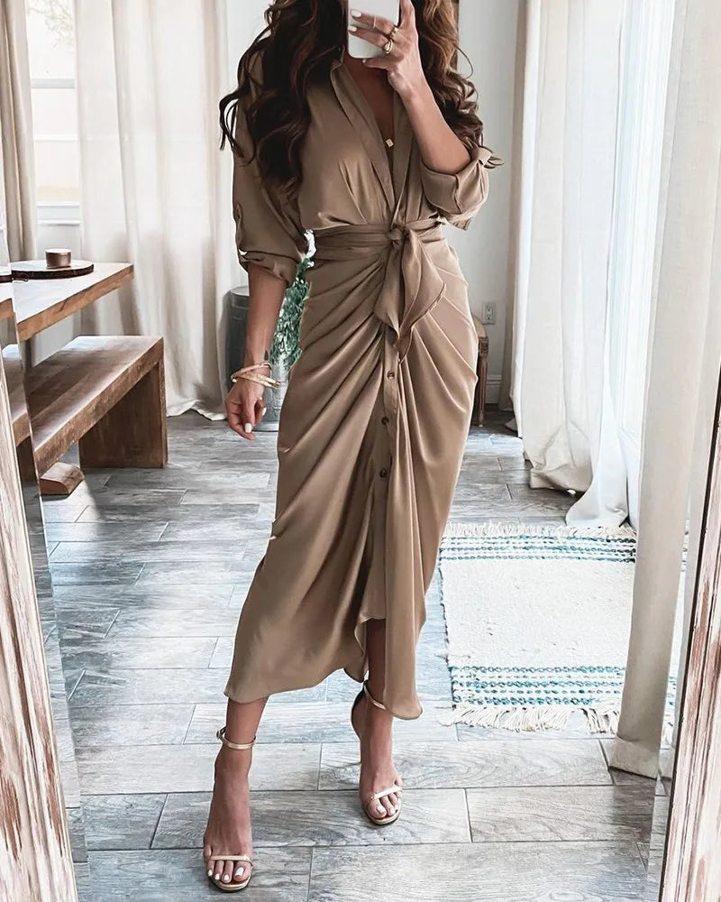 Button Ruched Printed Casual Short Sleeve Work Dress