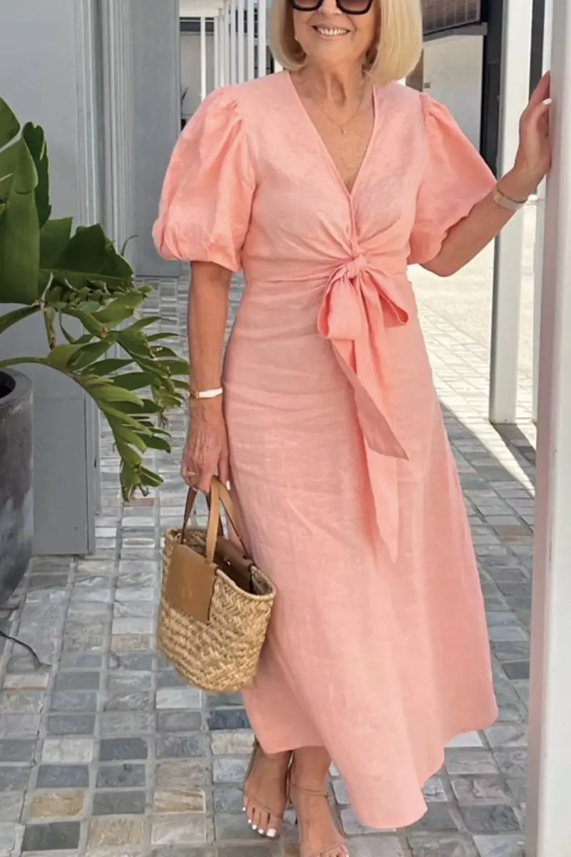 V-Neck Puff Sleeve Tie Front Linen Maxi Dress