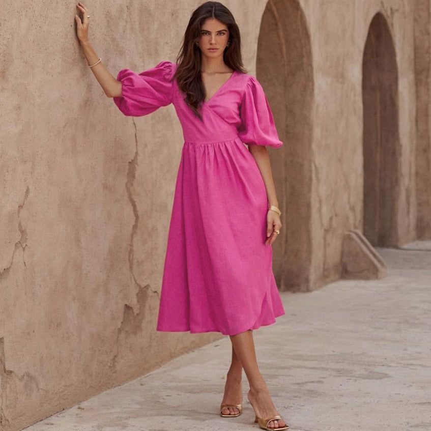 V-Neck Wrap Puff Sleeve Linen Midi Dress