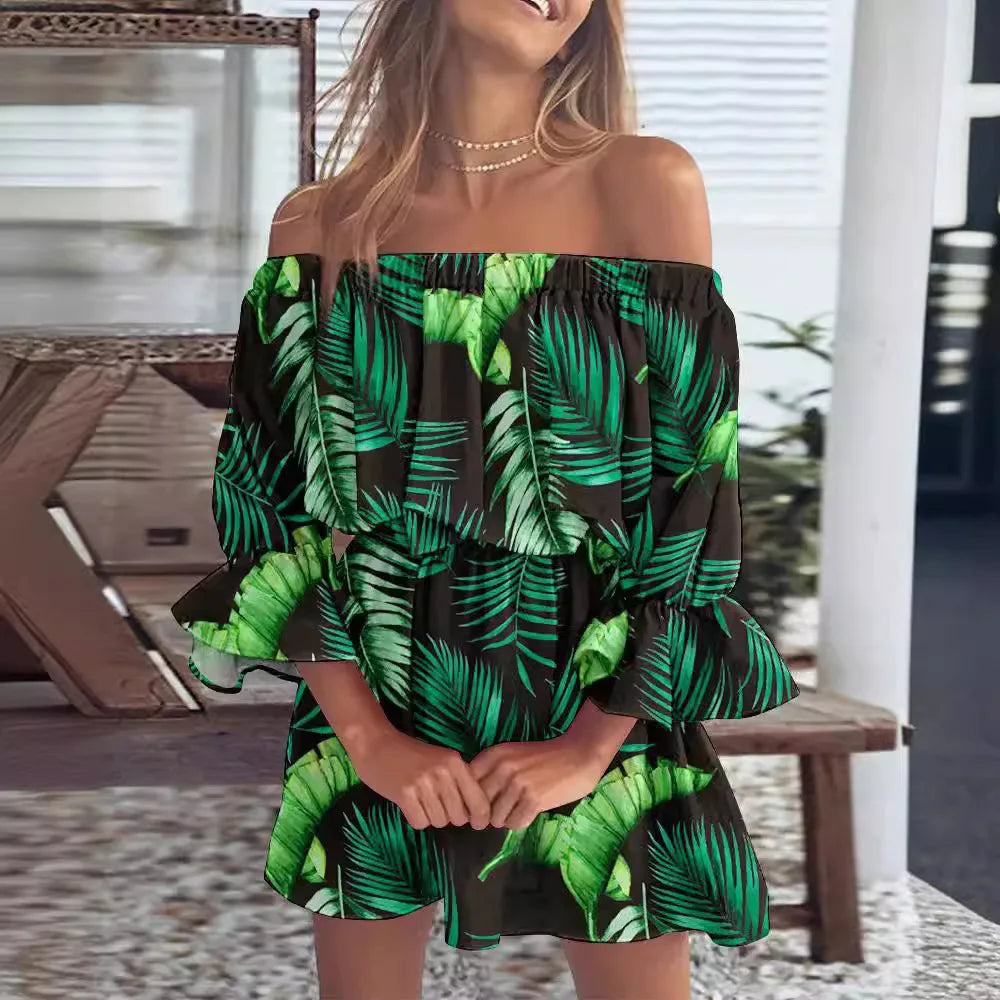 Slash Neck Flare Sleeve Mini Floral Dress