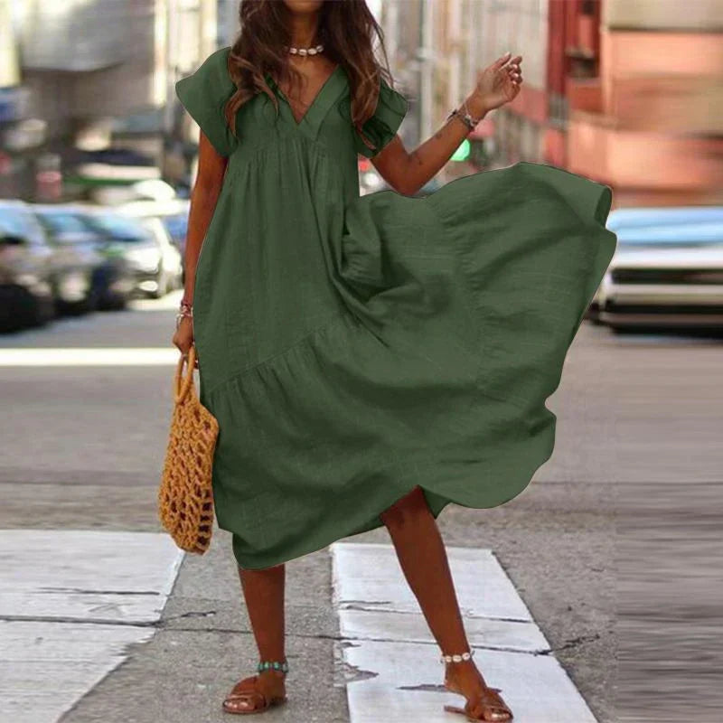 Cotton Linen Oversize Loose Vneck Boho Dress