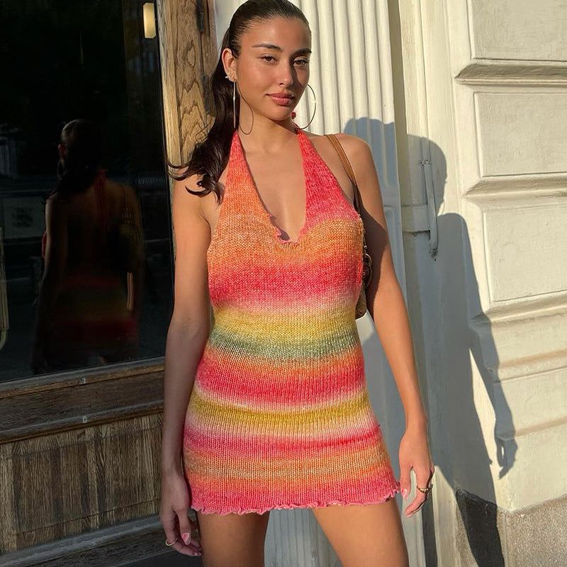 Orange Halter Deep V-Neck Knit Backless Bodycon Mini Dress