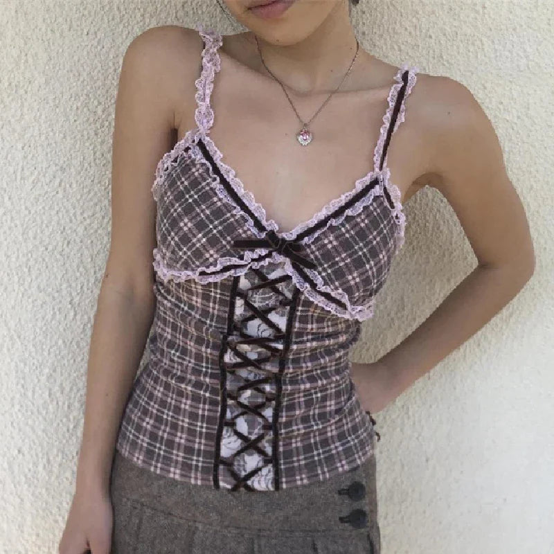 Patchwork Plaid Lace Vneck Cami Top