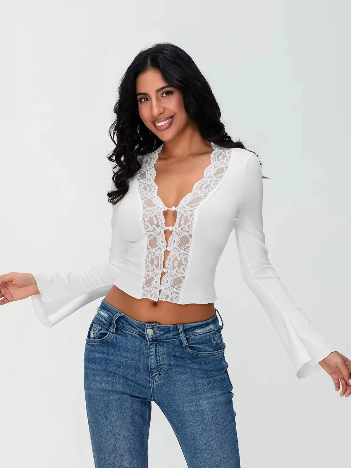 Lace Trim Long Sleeve Vneck Button Blouse