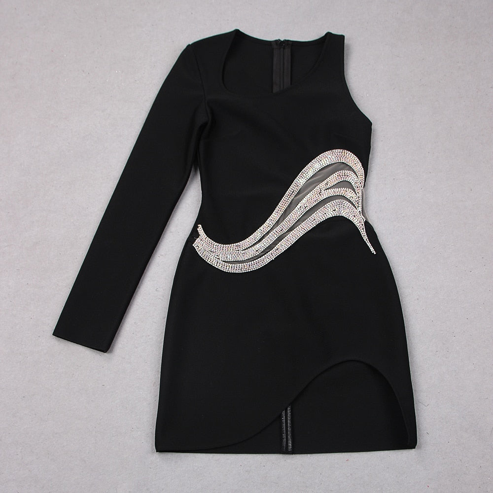 Black One Shoulder Rhinestone Chain Cutout High Slit Bodycon Mini Dress