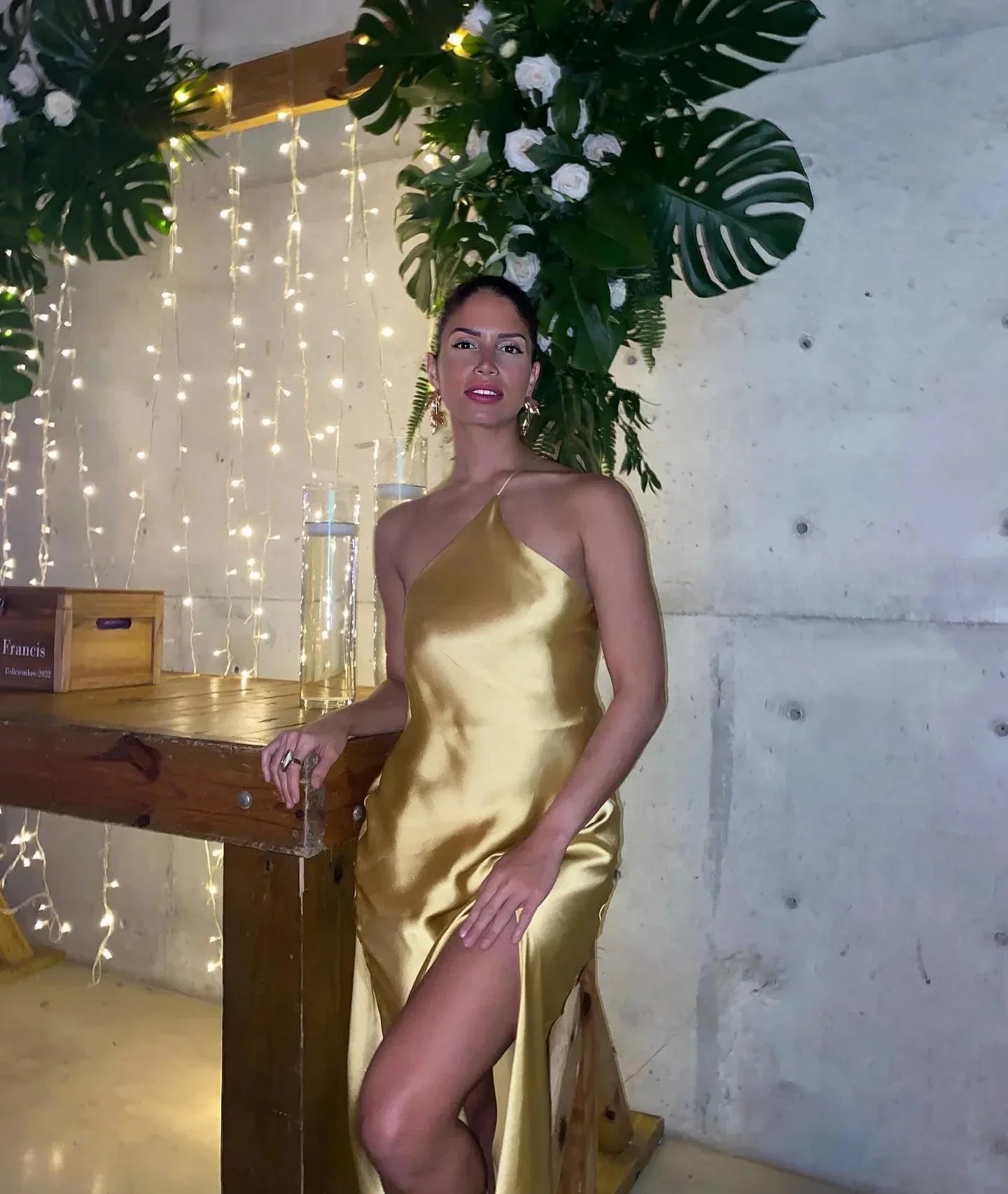 Backless Satin Slant Shoulder Solid Slit Long Dress