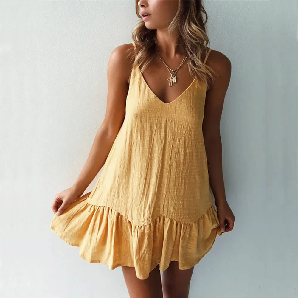 Spaghetti Strap Ruffle Cotton Linen Off Shoulder Slip Dress