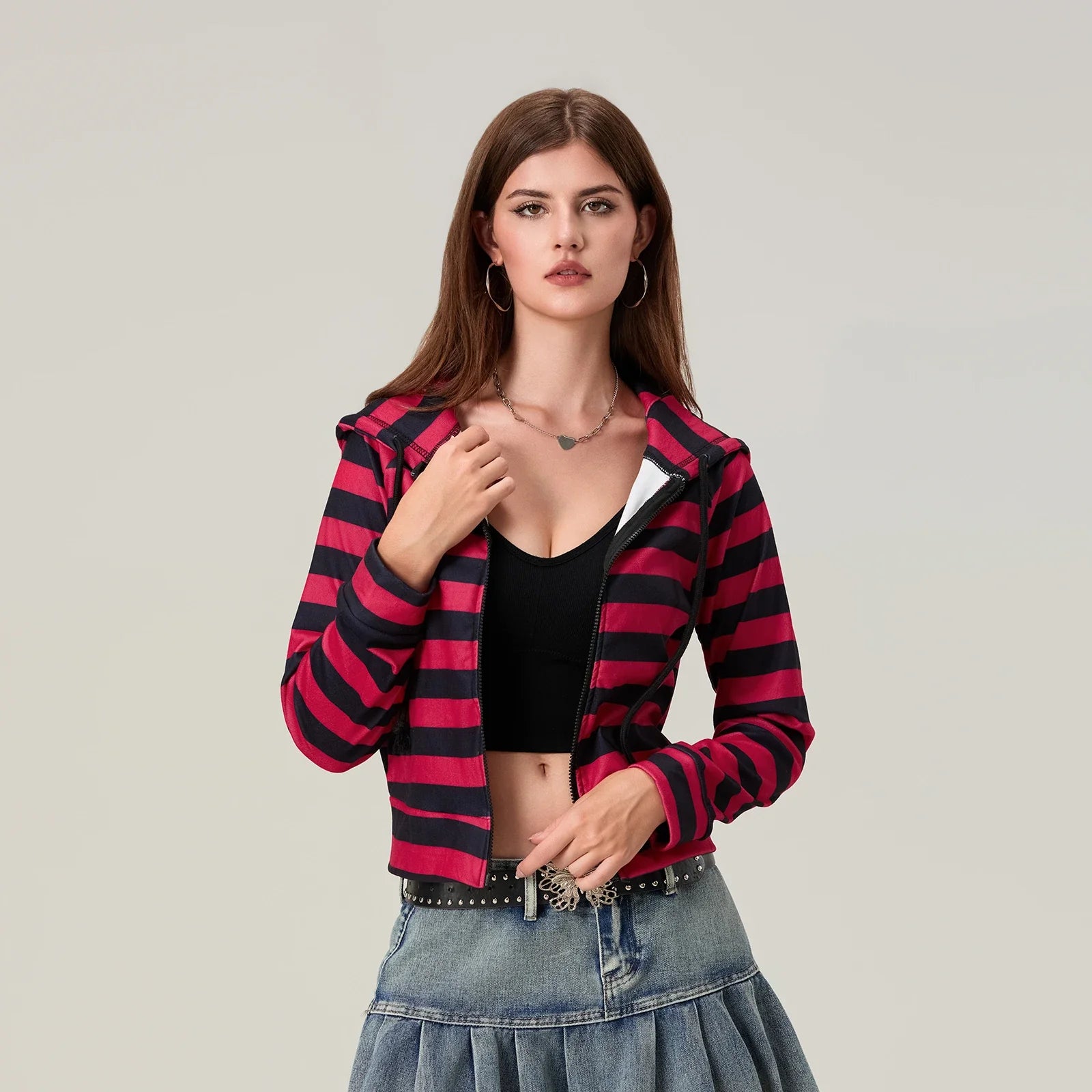 Striped Contrast Zip Cropped Hoodie