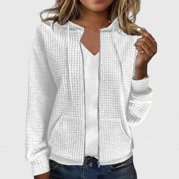 Hooded Waffle Knit Zip Front Drawstring Long Sleeve Hoodie Jacket