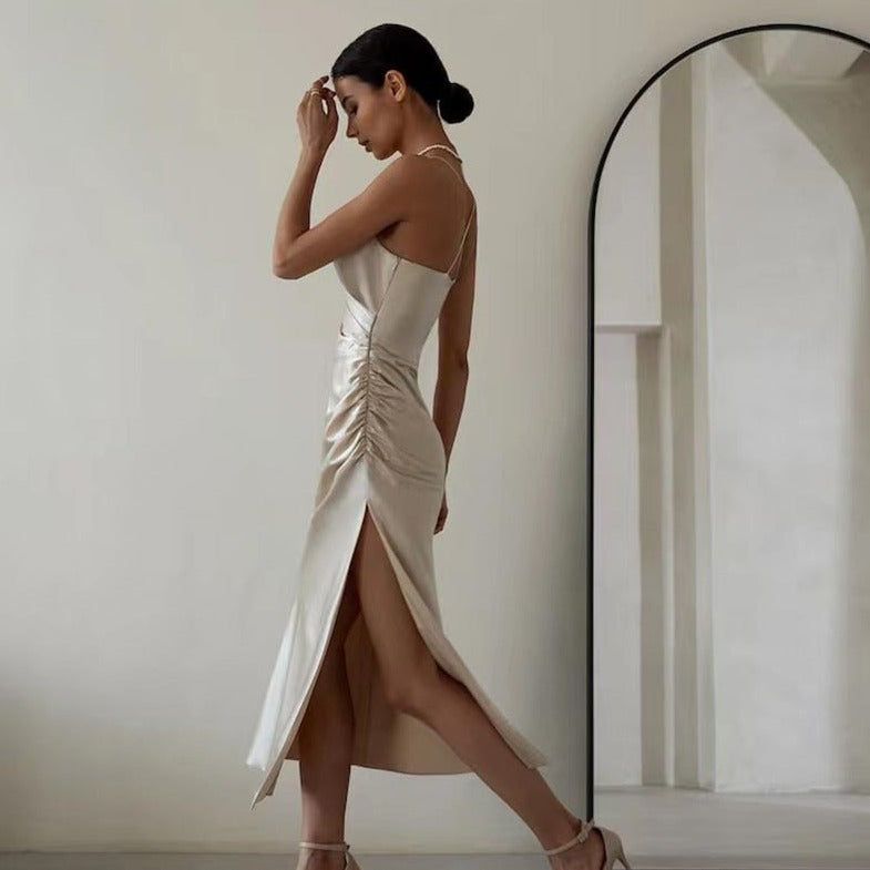 V-Neck Spaghetti Strap Ruched Satin High Slit Midi Dress