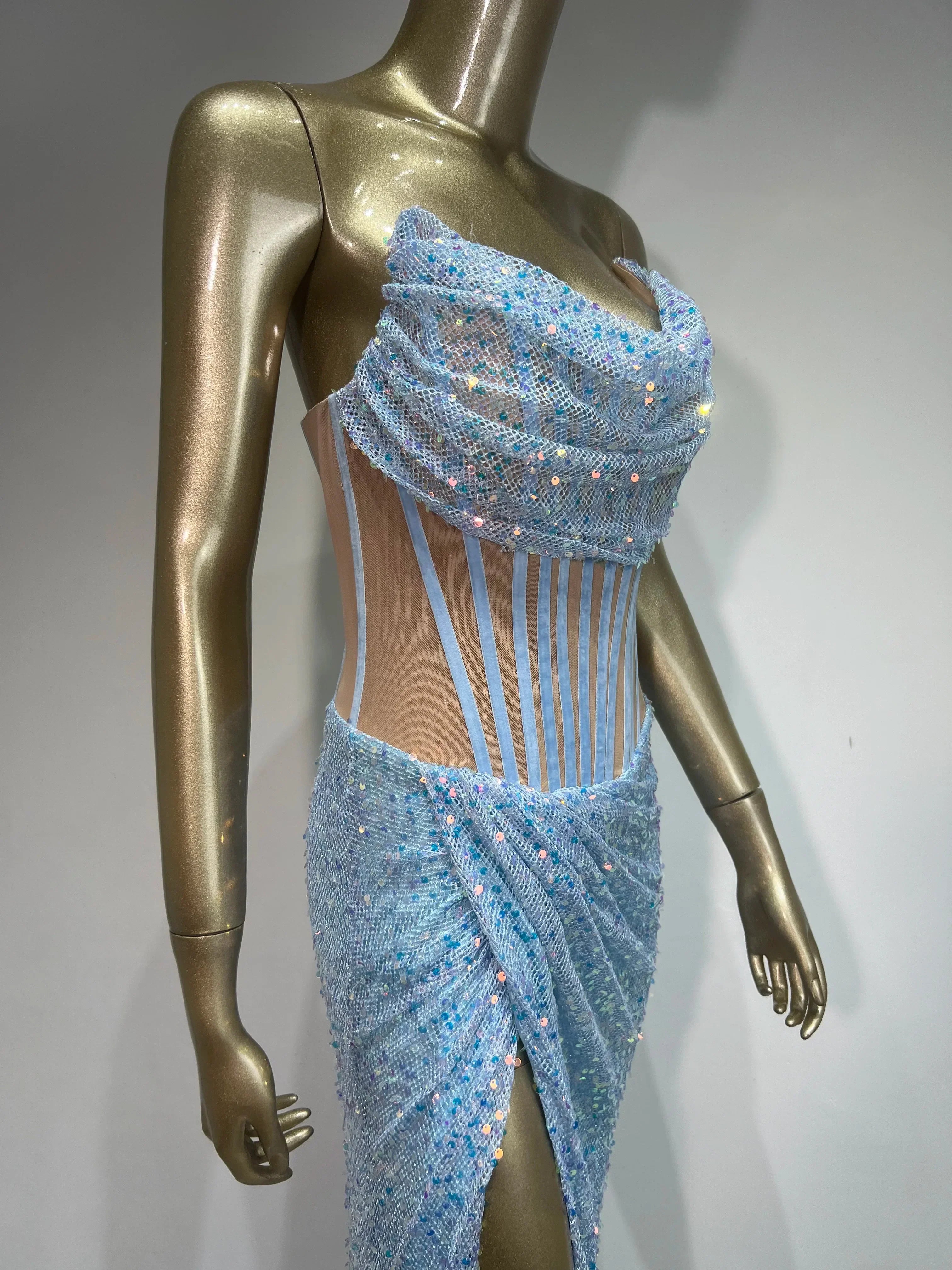 Strapless Mesh Sequins Ruffles Maxi Dress
