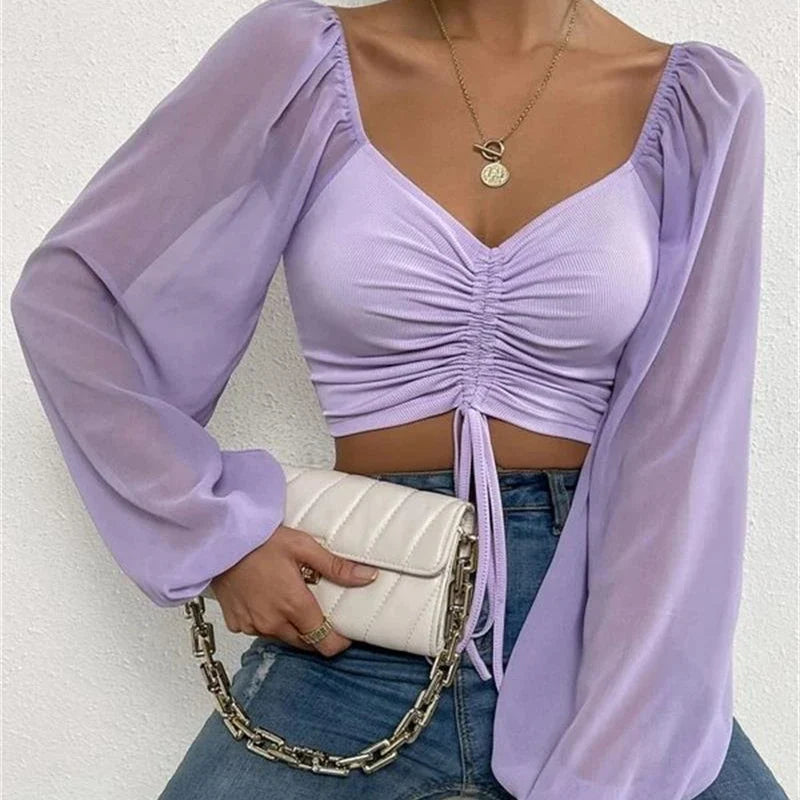 VNeck Drawstring Bandage Sheer Top