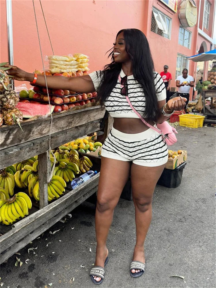 Contrast Knit Short Sleeve ONeck Crop Top Two Piece Shorts Set