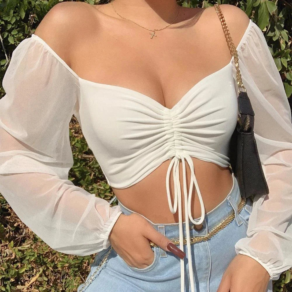 VNeck Drawstring Bandage Sheer Top