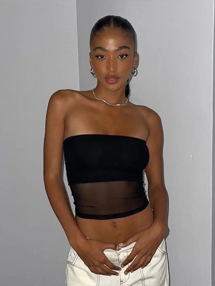 Black Mesh Strapless Crop Top