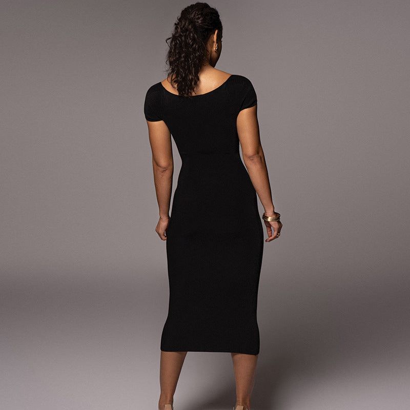 Off-Shoulder Sweetheart Ribbed Knit Bodycon Maxi Dress
