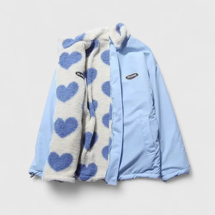 Stand Collar Heart Print Zip-Front Fleece Jacket