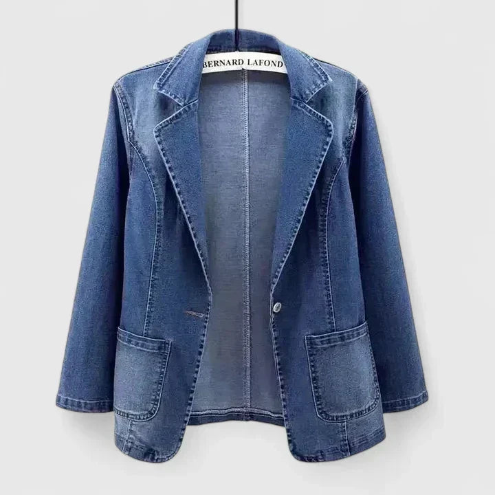 Denim Blue Notch Lapel Denim Single Button Patch Pocket Blazer